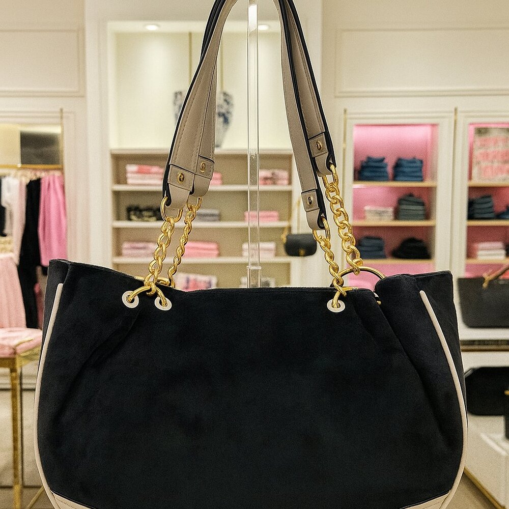 Juicy Couture Royal Black Velour Tote Bag with Rhinestone Crown & Gold Heart Cha - Picture 2 of 4